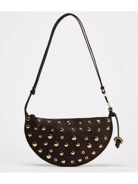 Zara brown suede Studded Half-Moon Shoulder Bag